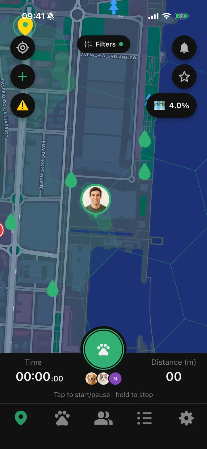 The Tailomi map in dark theme, with walked areas and places nearby
