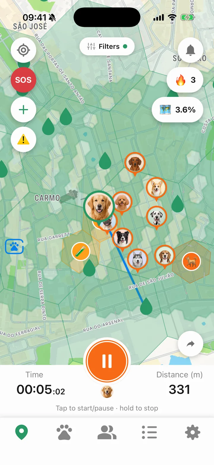 A walk in progress in Tailomi, with the route drawn on the map
