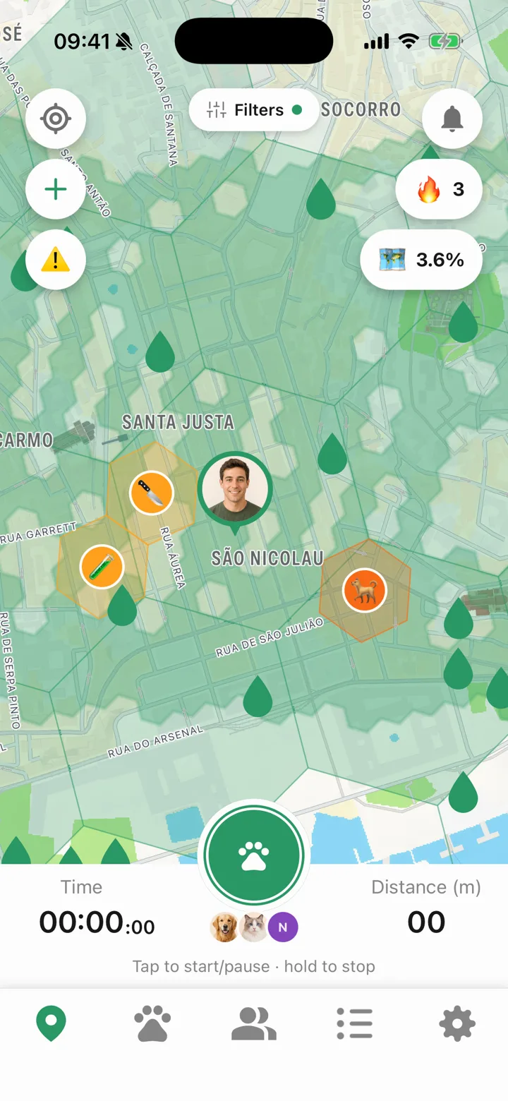 The Tailomi map with walked areas painted green and the city coverage badge
