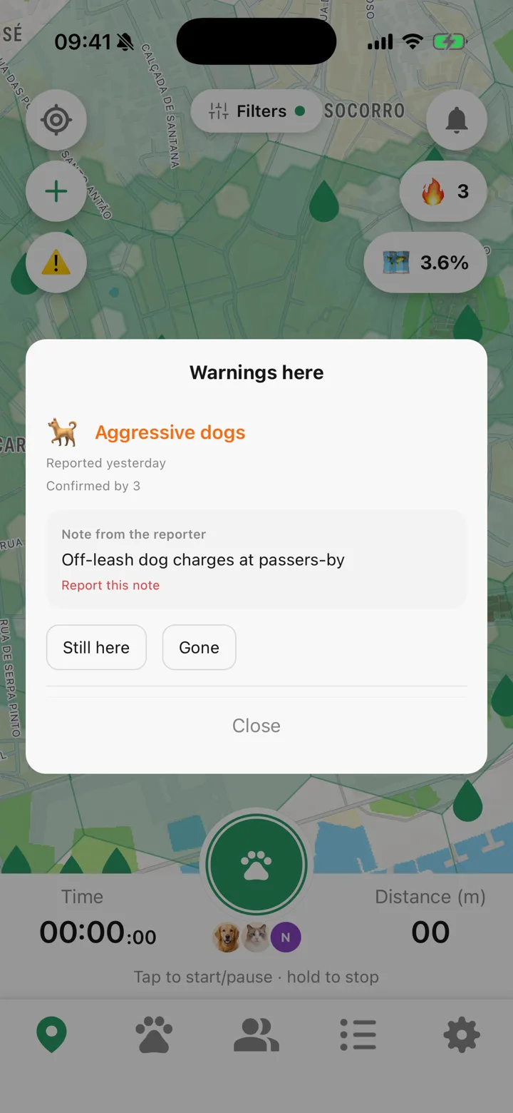 A hazard reported on the Tailomi map, with the reporter's note and how many people confirmed it