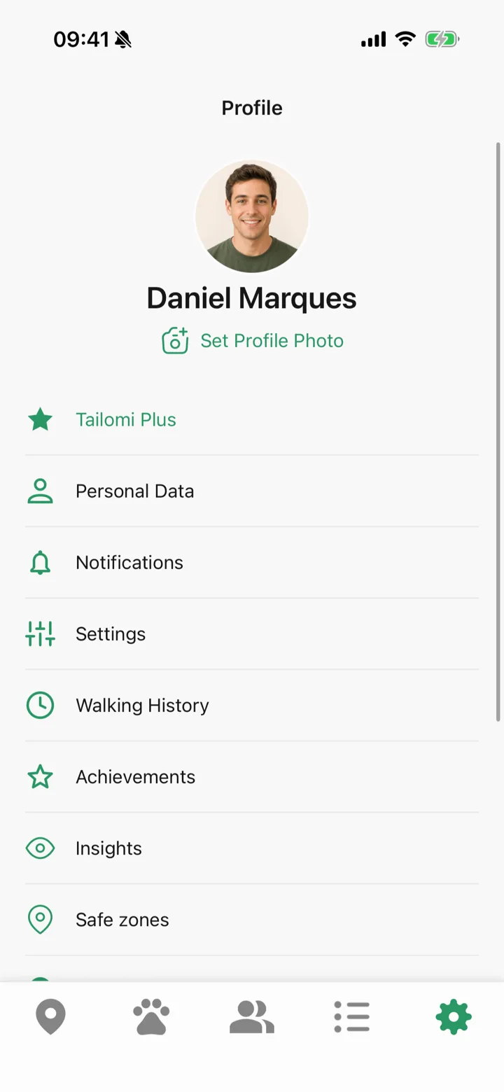 The Tailomi profile with the account, walking history, achievements and subscription all in place