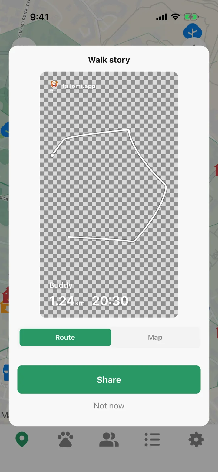The walk story card in Tailomi: the route as a transparent sticker, with distance and time