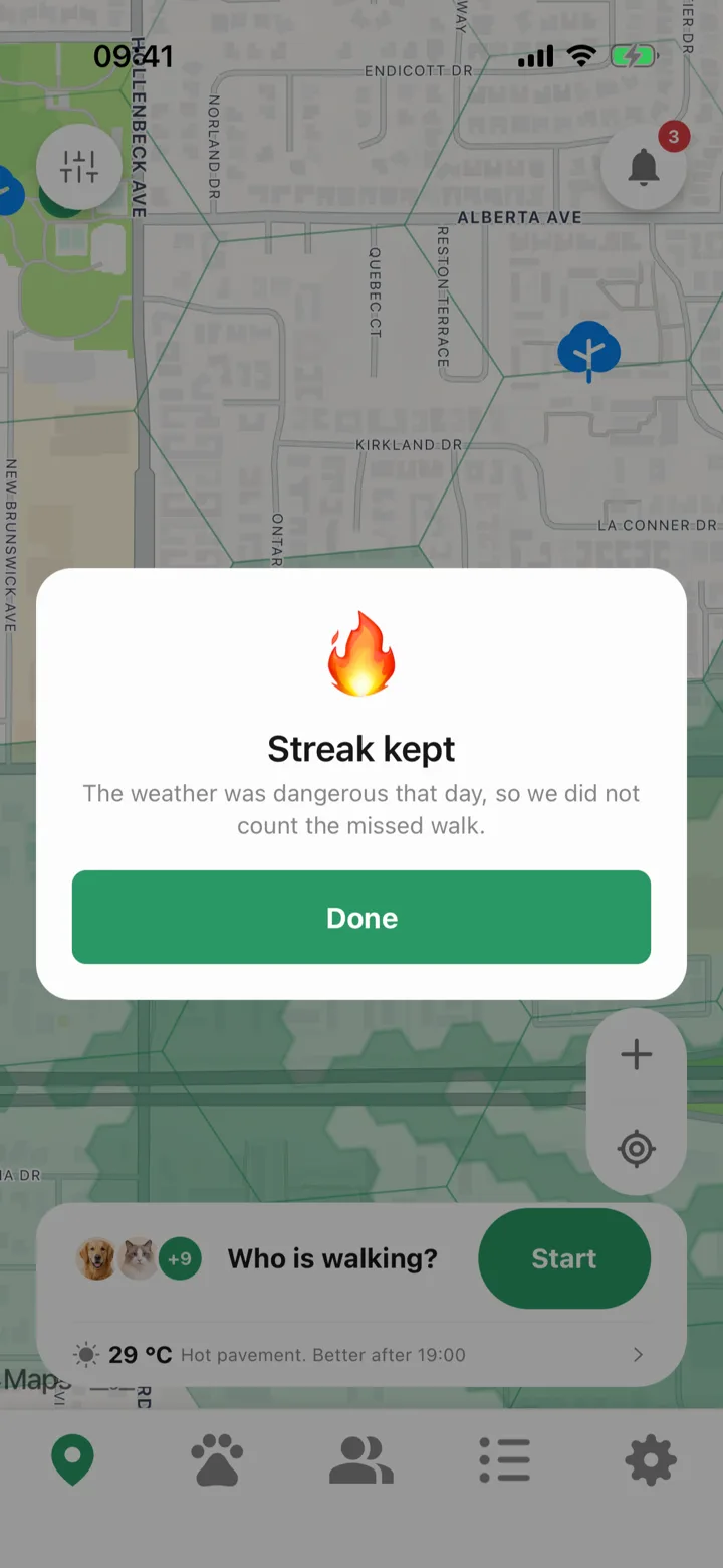 A card saying the streak was kept because the weather that day was dangerous