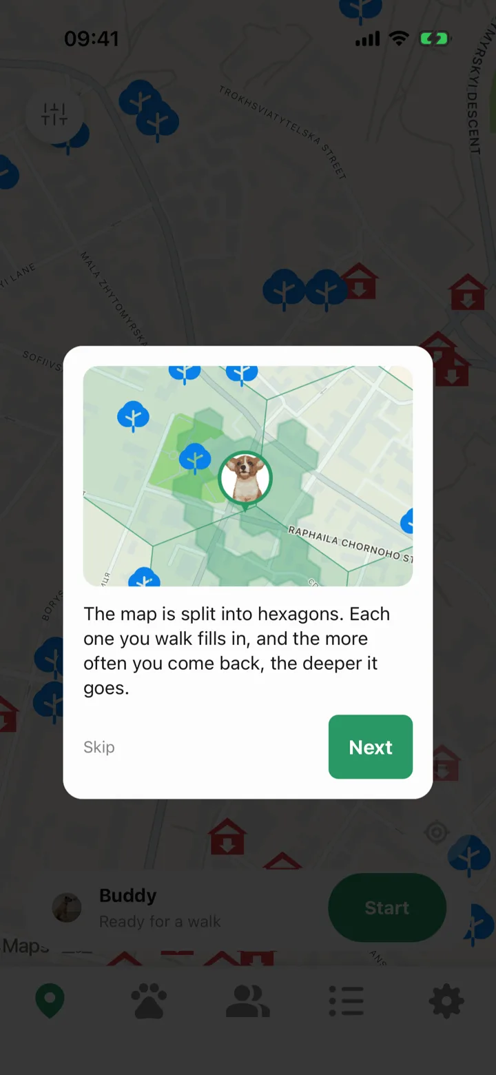 A lesson card showing the map split into hexagons, filled in where the dog has walked