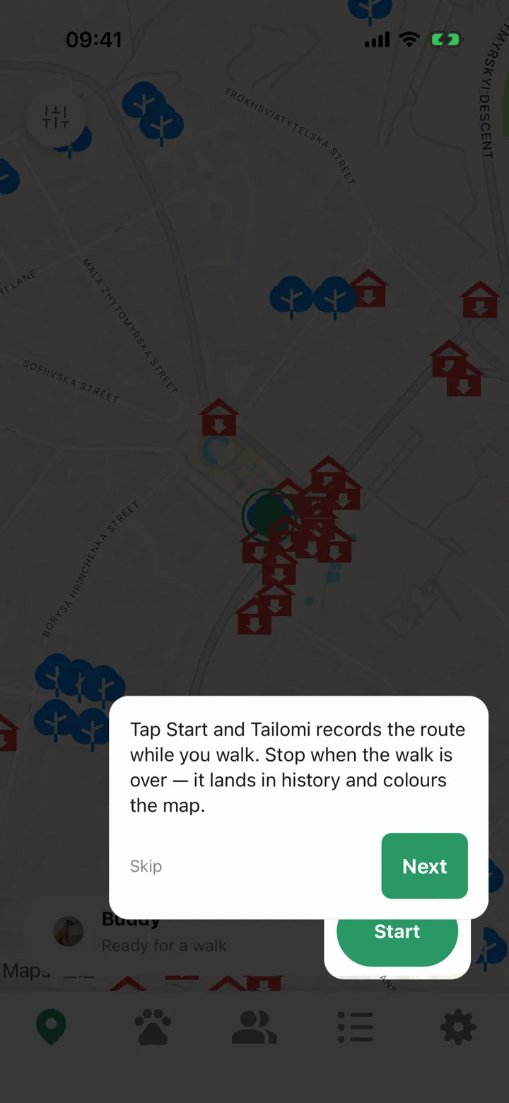 A lesson on the map: the screen dimmed with a hole around the Start button and a card explaining it