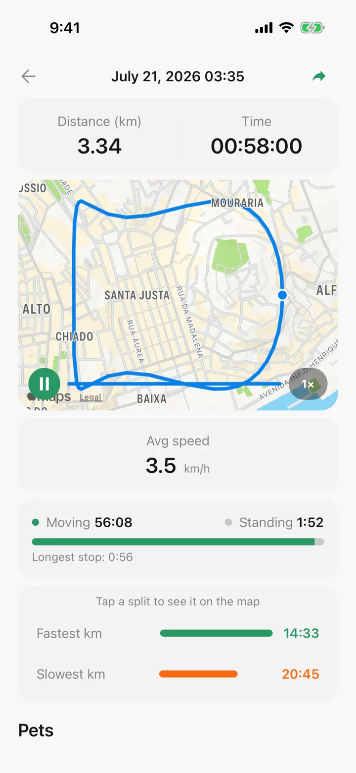 A finished walk in Tailomi with its route, distance and moving time