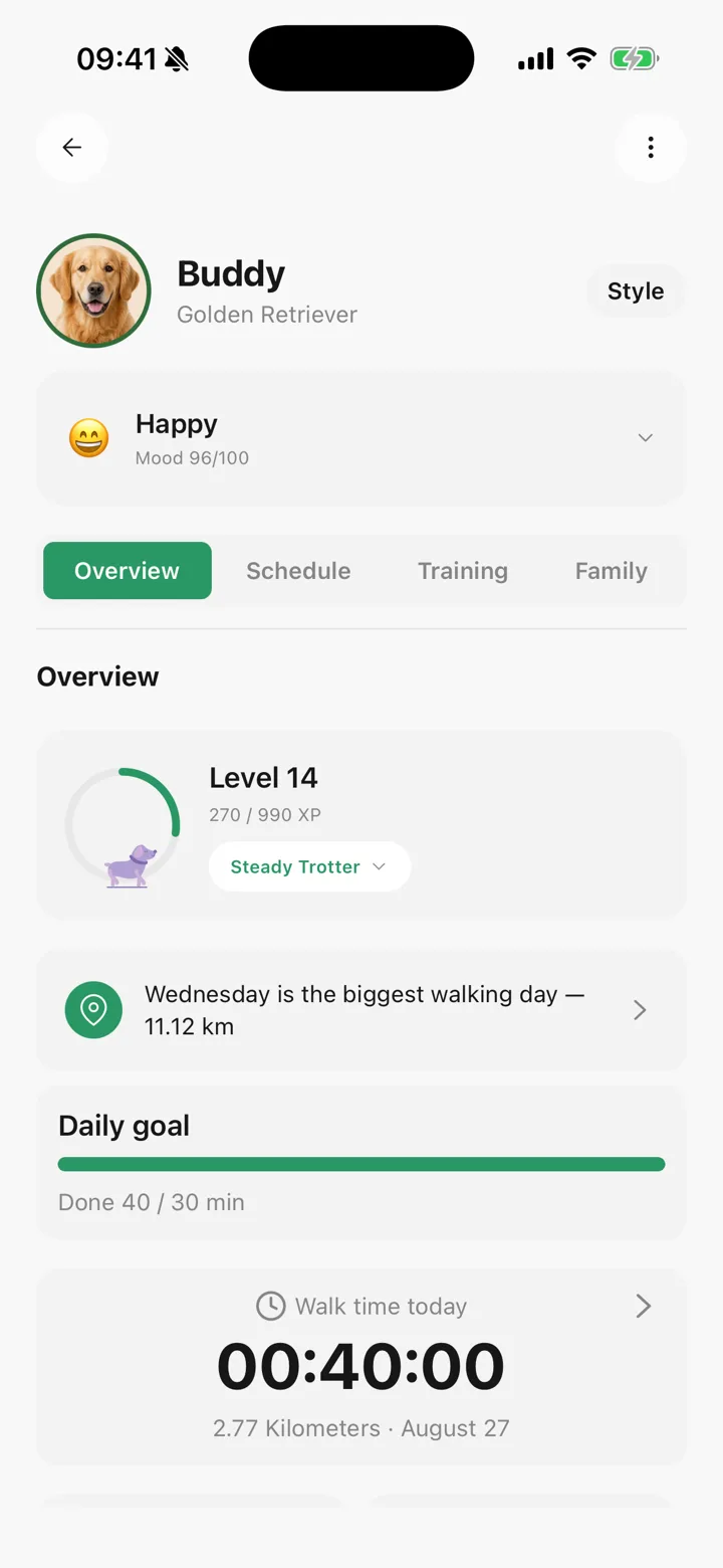 A pet page in Tailomi with mood, level and the schedule, training, overview and family tabs