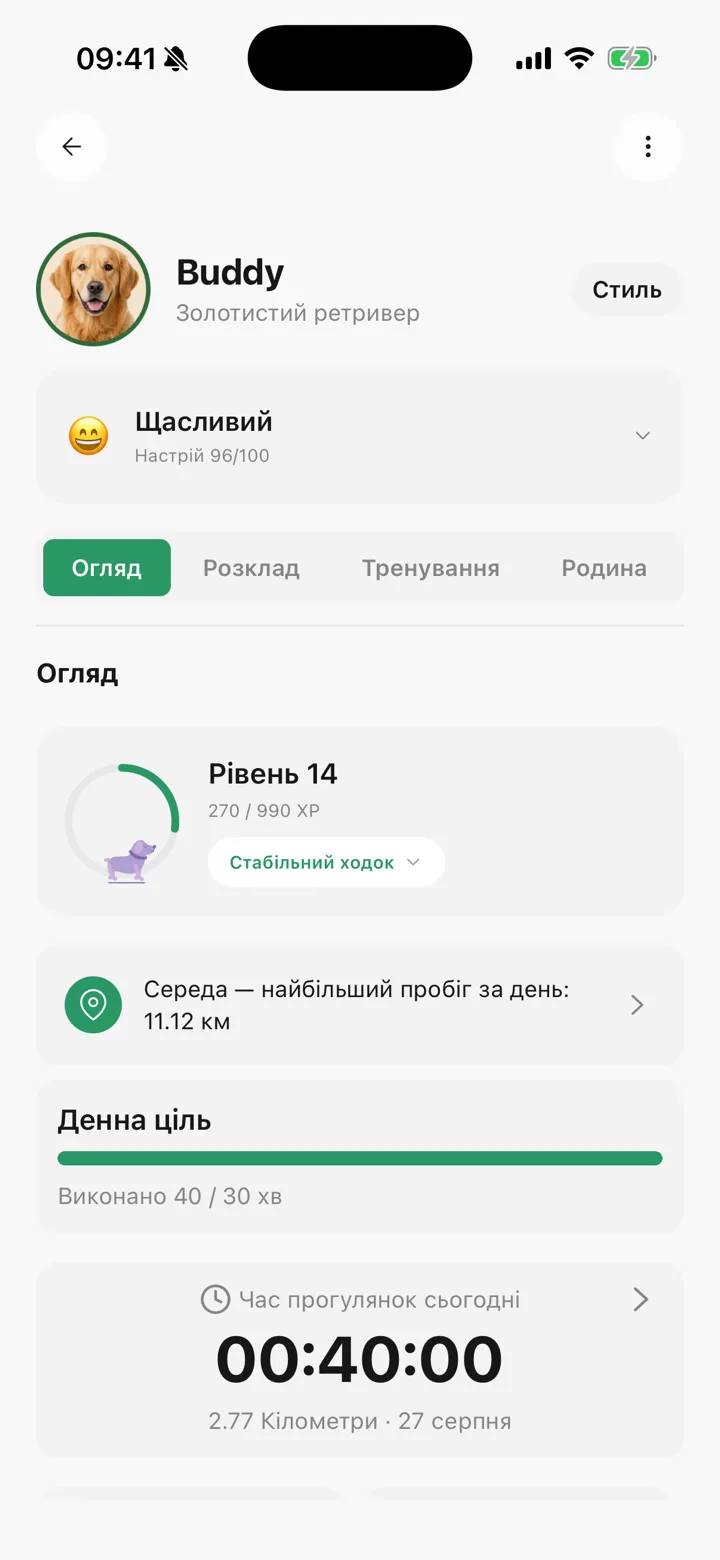 Страница питомца в Tailomi: настроение, уровень и вкладки расписания, тренировок, обзора и семьи